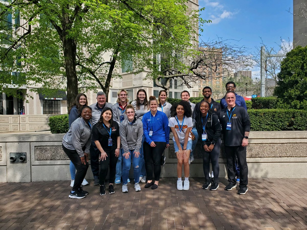 STAC SAAC members Jamal Barnes (MBB) & Trinity Cheatom (WBB), along with Asst. Athletic Director and Head Women’s Basketball Coach Bill Cleary are in Pittsburgh, Pa. for the NCAA D2 SAAC Convention. The Spartans trio also ran into fellow SAAC reps from other ECC member schools.