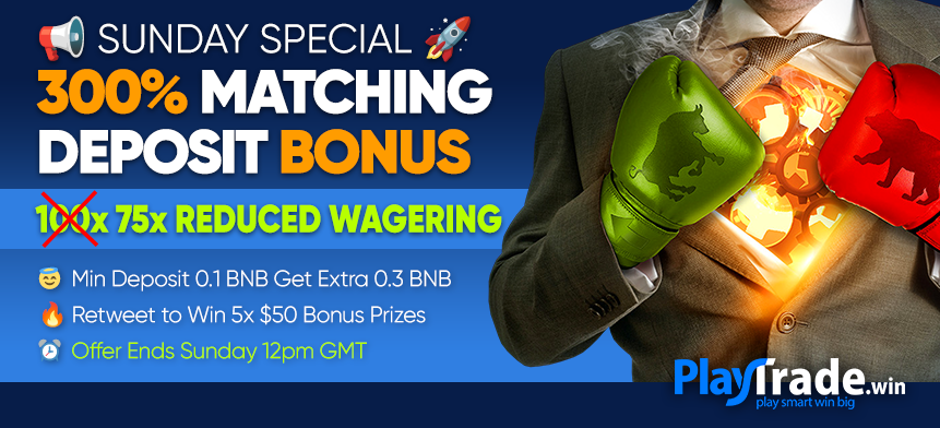 PlayTradeWinHQ's tweet photo. 🚀 7-Hour Sunday Special Alert! 

Boost your trading with a 300% matching deposit bonus (min. 0.1 BNB)!

Explore our innovative games &amp; level up your trading experience at #PlayTradeWin 

RT to Win 5x $50 trade bonus!🫰

Time is ticking, act now! ⏰ 
 #SundaySpecial #TradingBonus https://t.co/ZllWTU2psn
