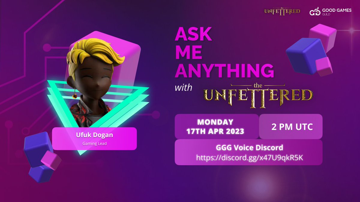 The Unfettered is coming to Good Games Guild Community on Special Live #AMA Session! 🥳

⏰17th April at 2PM UTC
📍 discord.com/invite/x47U9qk…

🎁Prize Pool: $250 BUSD 

❓How to enter: 
1️⃣ Fill out the question form: forms.gle/DZLajBpg2dmQLP…
2️⃣ Follow <a href="/unfetteredgame/">Unfettered Ecosystem</a> 
3️⃣ RT and Like