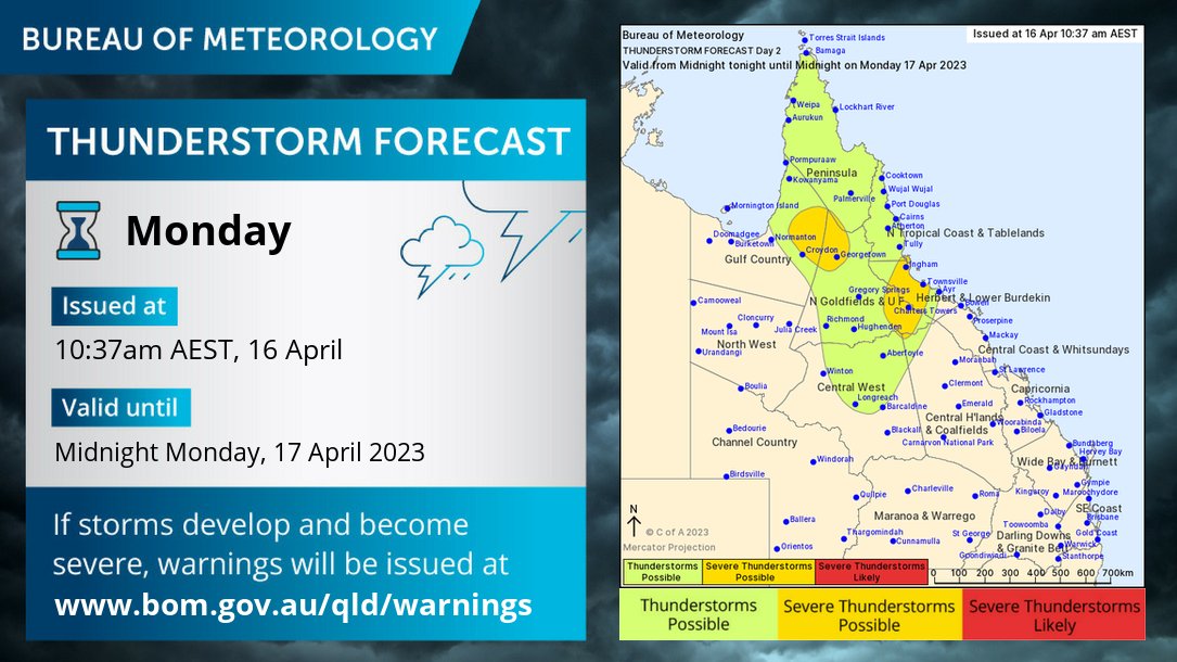 BOM_Qld's tweet image. ⛈️QLD Storm Forecast for Monday 17/4. Severe storms with heavy rain &amp;amp; flash flooding are possible about the Herbert and Lower Burdekin early Monday morning, including #Townsville and #ChartersTowers. Severe storms are also a risk in the afternoon in the Gulf Savannah region.