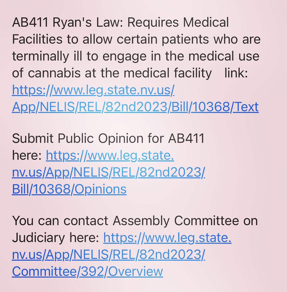 Please support #AB411 which urges the state of #Nevada to allow #terminallyILL medical marijuana patients to continue to treat with #cannabis while in house under patient care.

#CPR of #Nevada has garnered support for #RyansLaw #CPRofNV2023 

leg.state.nv.us/Session/82nd20…