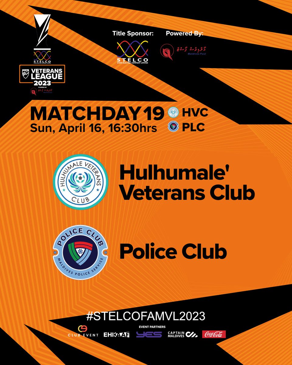 #STELCOFAMVL2023MD18 &amp;  #STELCOFAMVL2023MD19 
Quarter Final Fixtures | 
#MaldivesSoccerMates v #BuruSportsClub
#HulhumaleVeteransClub v #PoliceClub 
Sunday, April 16 | 16:30hrs @ FAM Turf1 &amp; Turf2 
.
#STELCOFAMVL2023 #famveteransleague2023 #famveterans  #PowerdByMaldivesPostLtd