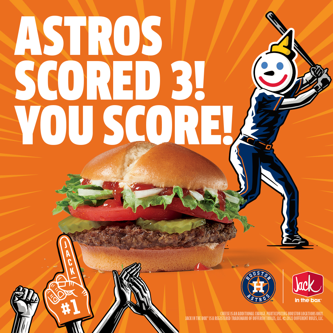 A Rake Meyers home run unlocked a free Jumbo Jack for H-Town!

Claim tomorrow with a purchase of a large drink.