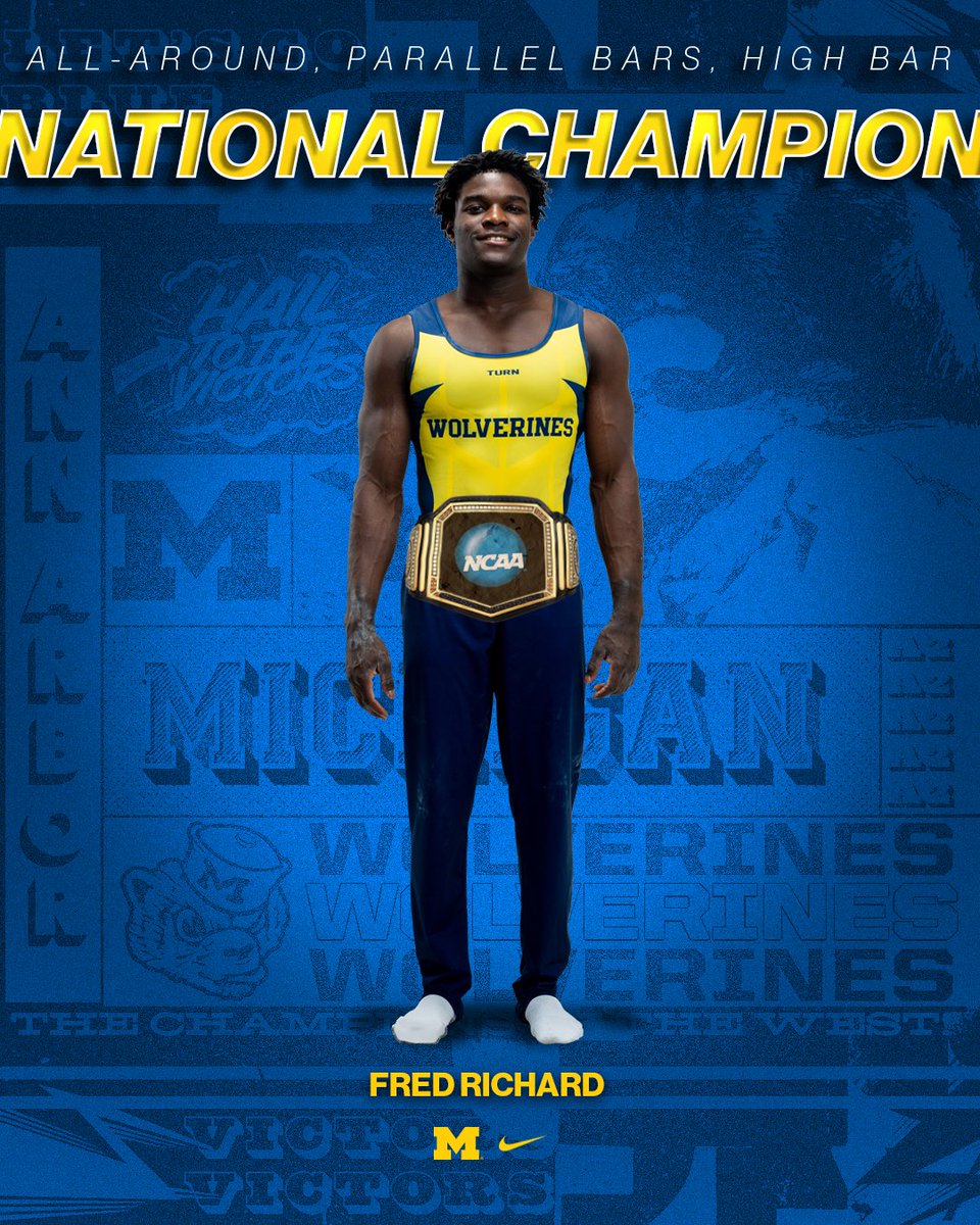 𝗡𝗖𝗔𝗔 𝗖𝗛𝗔𝗠𝗣𝗜𝗢𝗡

Fred Richard (<a href="/FrederickFlips/">Frederick Richard</a>) takes home 3️⃣ NCAA Championships (all-around, high bar, parallel bars). 

He becomes the third Wolverine EVER to win three in one championship, and totals five All-America honors on the night.

#GoBlue〽️
