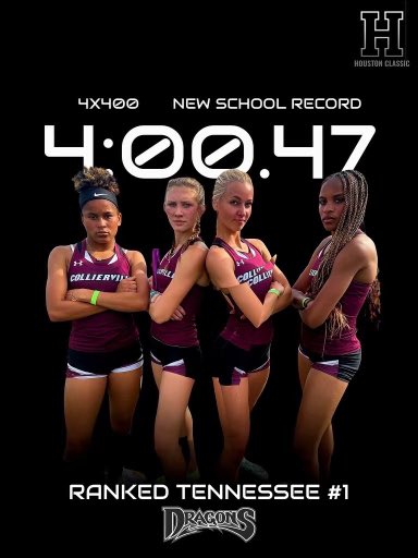 Freshman Kennedi Woods, Sophomores Ava Lang and Tori Evans and Junior Allie Timms showed out tonight and tore up the Track.  Watch out this quad is bringing the heat Tennessee! <a href="/GoDragonsGo_/">TheVille Athletics</a>