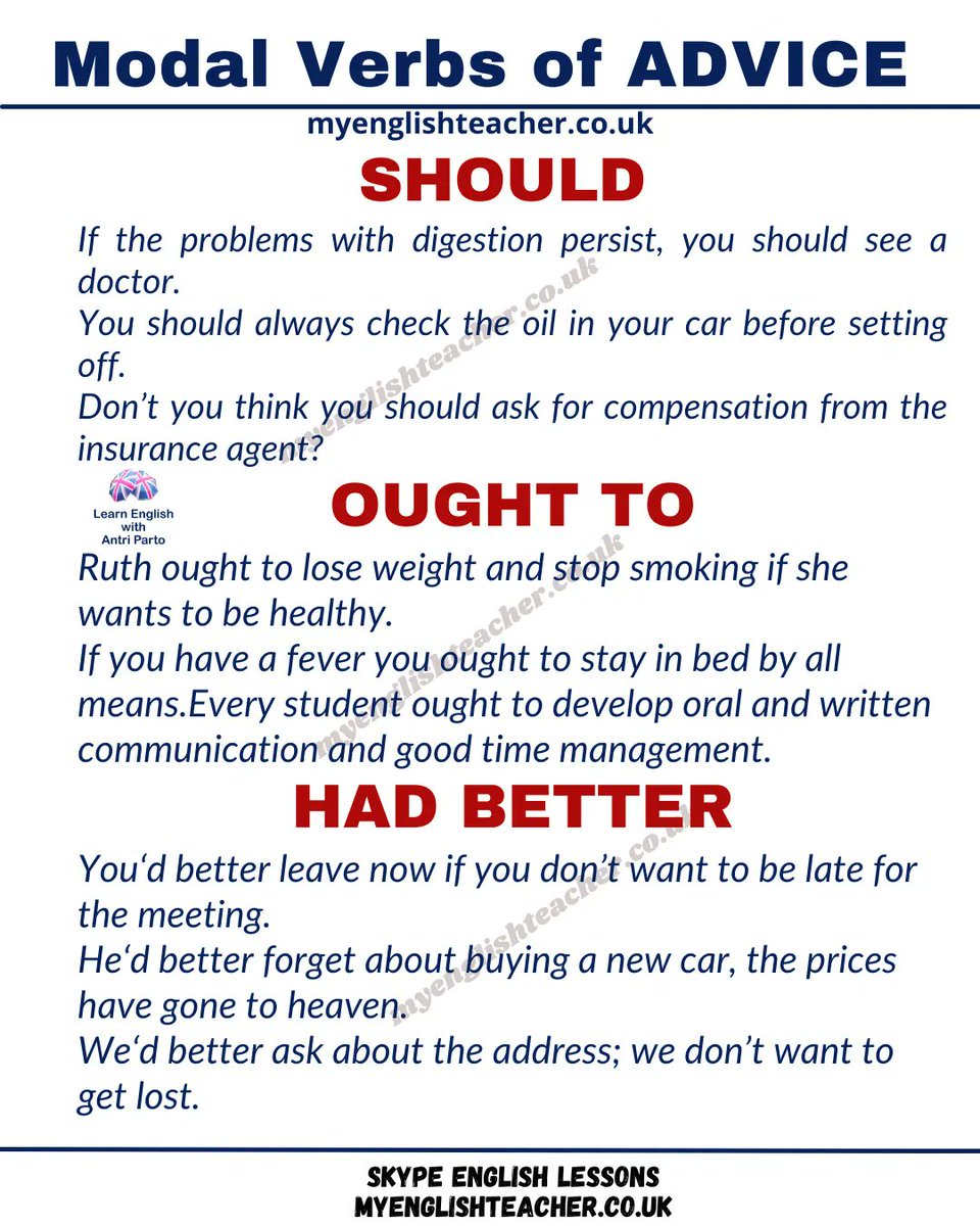 MyLinguaAcademy's tweet photo. Follow the link to learn about modal verbs of ADVICE https://t.co/q7Tze93mPH https://t.co/XPgr3emwIM