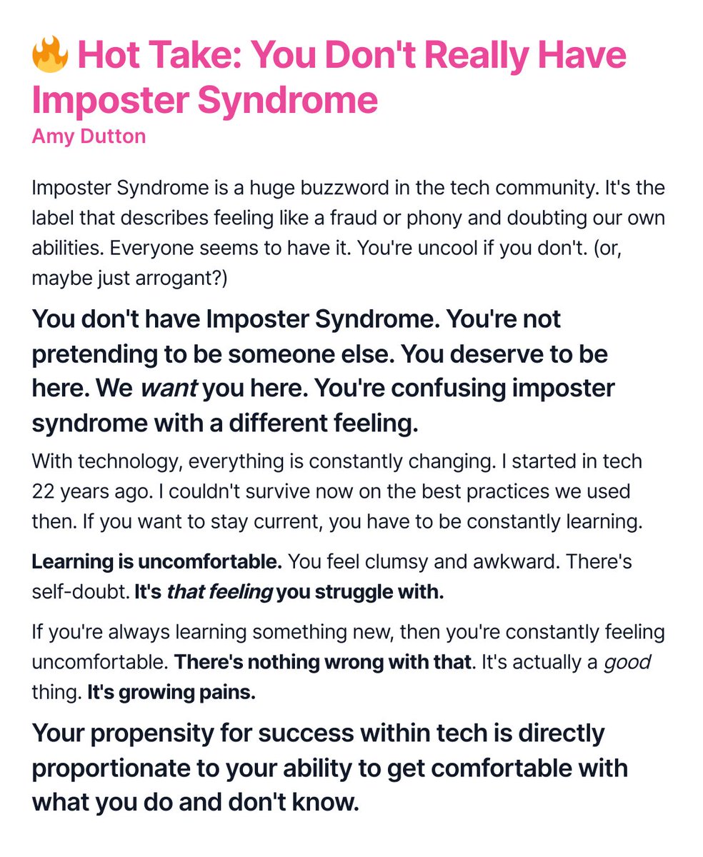 selfteachme's tweet photo. 🔥 Hot Take: You Don't Really Have Imposter Syndrome

You're not pretending to be someone else. You deserve to be here. We want you here. You're confusing imposter syndrome with a different feeling. https://t.co/vRb6DjECFg