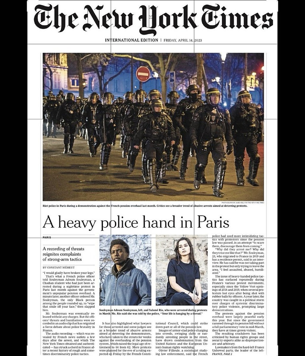 🚨LE NEW YORK TIMES FAIT SA UNE SUR LES VIOLENCES POLICIÈRES À PARIS
C'est la Une de l'édition internationale.
L'édition🇺🇸reprend cet article en pages intérieures.
Tout comme la FAZ🇩🇪,le NYT🇺🇸se pince le nez devant les méthodes fascistes de Macron.
Les élites🇺🇸🇪🇺sont indisposées.