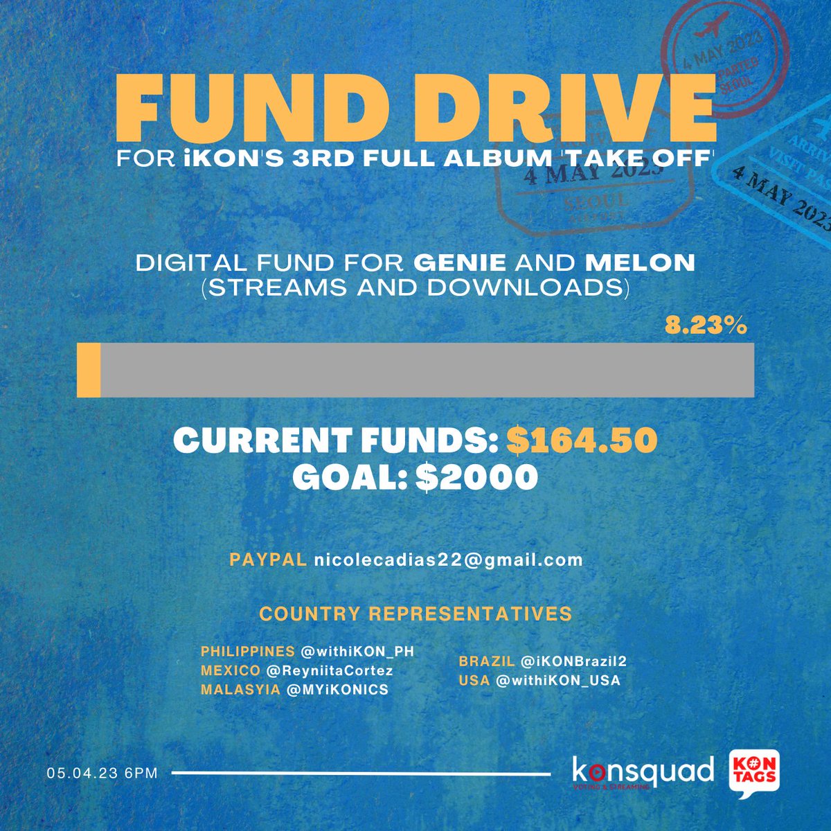 KONtags's tweet photo. 📢 TAKE OFF with #iKON FUND DRIVE
— project  w/ @kon_squad

All will be used to fund the comeback's digitals!

💰Current: $164.50
🎯Goal: $2000

Details:
PAYPAL: nicolecadias22@gmail.com
Rep: @withiKON_PH @ReyniitaCortez @MYiKONICS @withiKON_USA @iKONBrazil2 

@iKONIC_143 #아이콘 https://t.co/gQ25vA8rvG