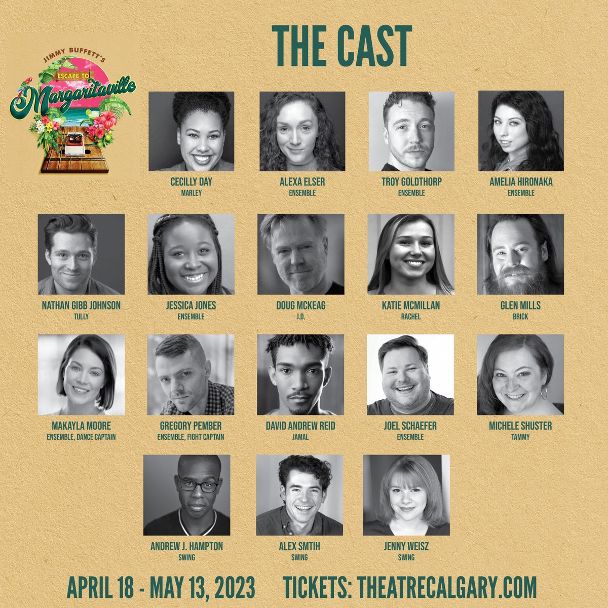 TheatreCalgary's tweet photo. CAST ANNOUNCEMENT for Jimmy Buffett's Escape to Margaritaville!📷(Our Calgary's Choice Contest Winner) This hilarious, heartwarming musical runs from April 18 - May 13th. Come sing along to your favourite Jimmy Buffet hits! Buy your tickets now at  https://t.co/380cJLXY2T #yyc 📷 https://t.co/GVD30dnKrE