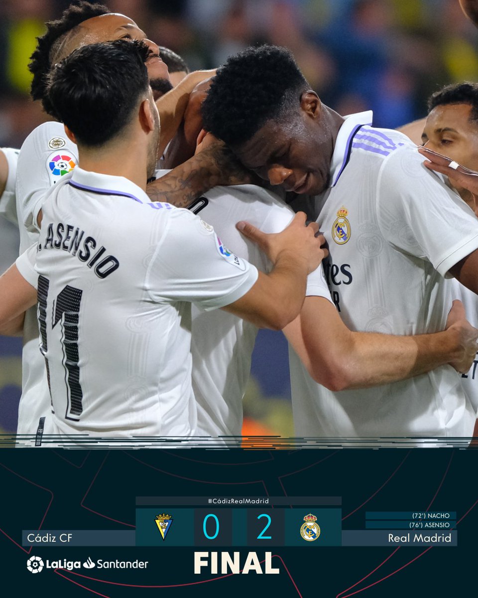 #ESPAÑA A 10. En el Nvo. Mirandilla, <a href="/realmadrid/">Real Madrid C.F.</a> superó 2 a 0 al <a href="/Cadiz_CF/">Cádiz Club de Fútbol</a> y quedó a una decena de puntos del líder <a href="/FCBarcelona/">FC Barcelona</a> que mañana visita al <a href="/GetafeCF/">Getafe C.F.</a>. Alfonso Espino disputó todo el juego en los gaditanos y Fede Valverde fue titular y salió a los 80' en los merengues.