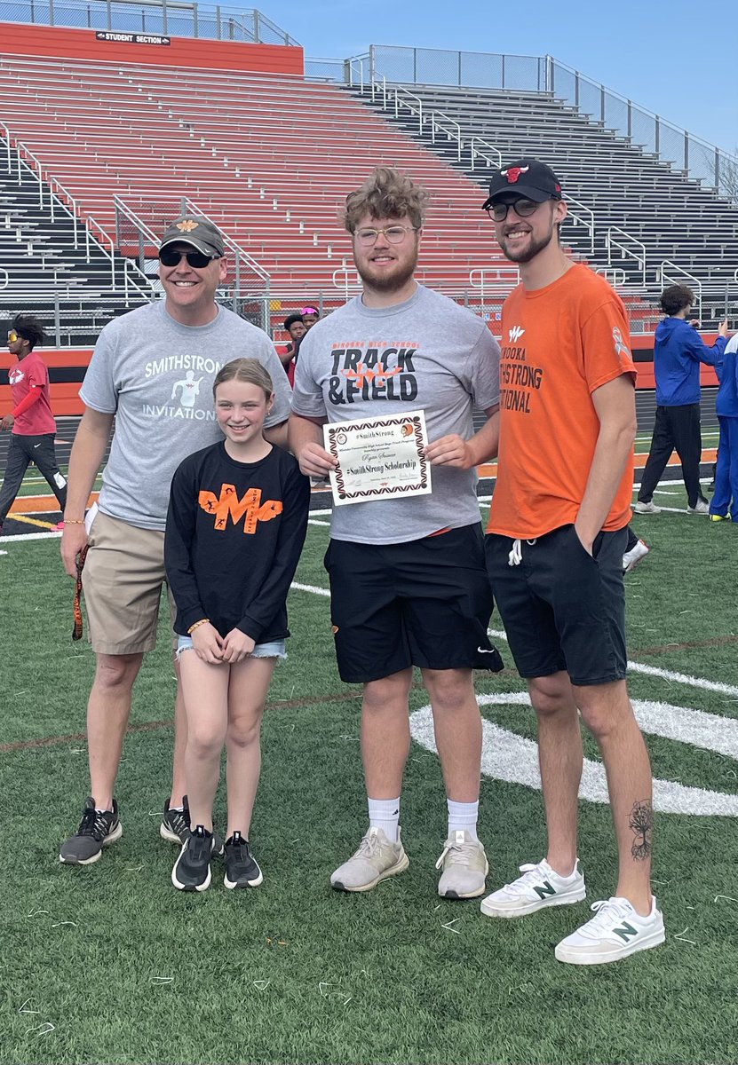 Coach_Lundin's tweet photo. Great moment here. Jacob Smith and Cora Smith help us honor our 2023 SmithStrong Scholarship Recipient Ryan Susnar. Cora made me a wrist band in Minooka colors. Thanks kiddo! #SmithStrong23 https://t.co/N5ZGFseJJ2