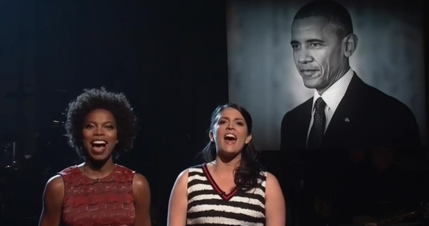 gaynick_'s tweet photo. Thinking about a 2017 SNL where they did a farewell for Obama by making all of the female cast sing a completely earnest cover of "to sir, with love" to a picture of him https://t.co/u79NXDcr8V