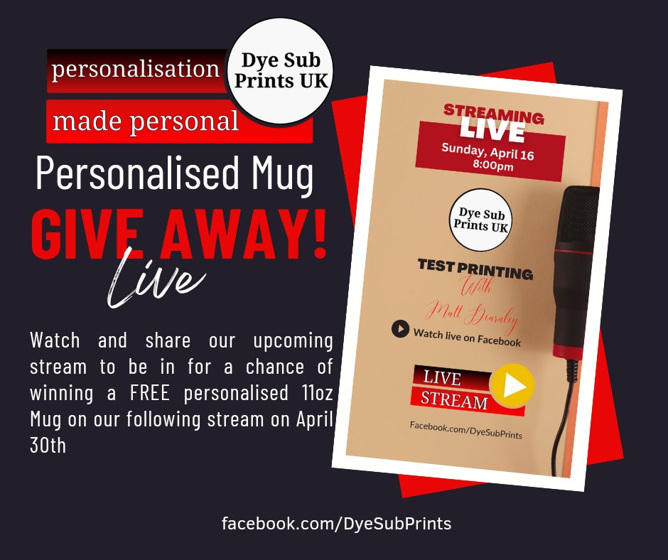 dyesubprints's tweet photo. #COMPETITIONTIME!

Watch and share(on #Facebook) our upcoming stream to be in for a chance of winning a FREE personalised 11oz mug on our following stream.

Good luck, everyone!

🔗https://t.co/HdyzxIu9pG

#personalisedmug #mug #mugs #Free #GiveAway #streamer #stream #streaming https://t.co/jl3ix8BhUl