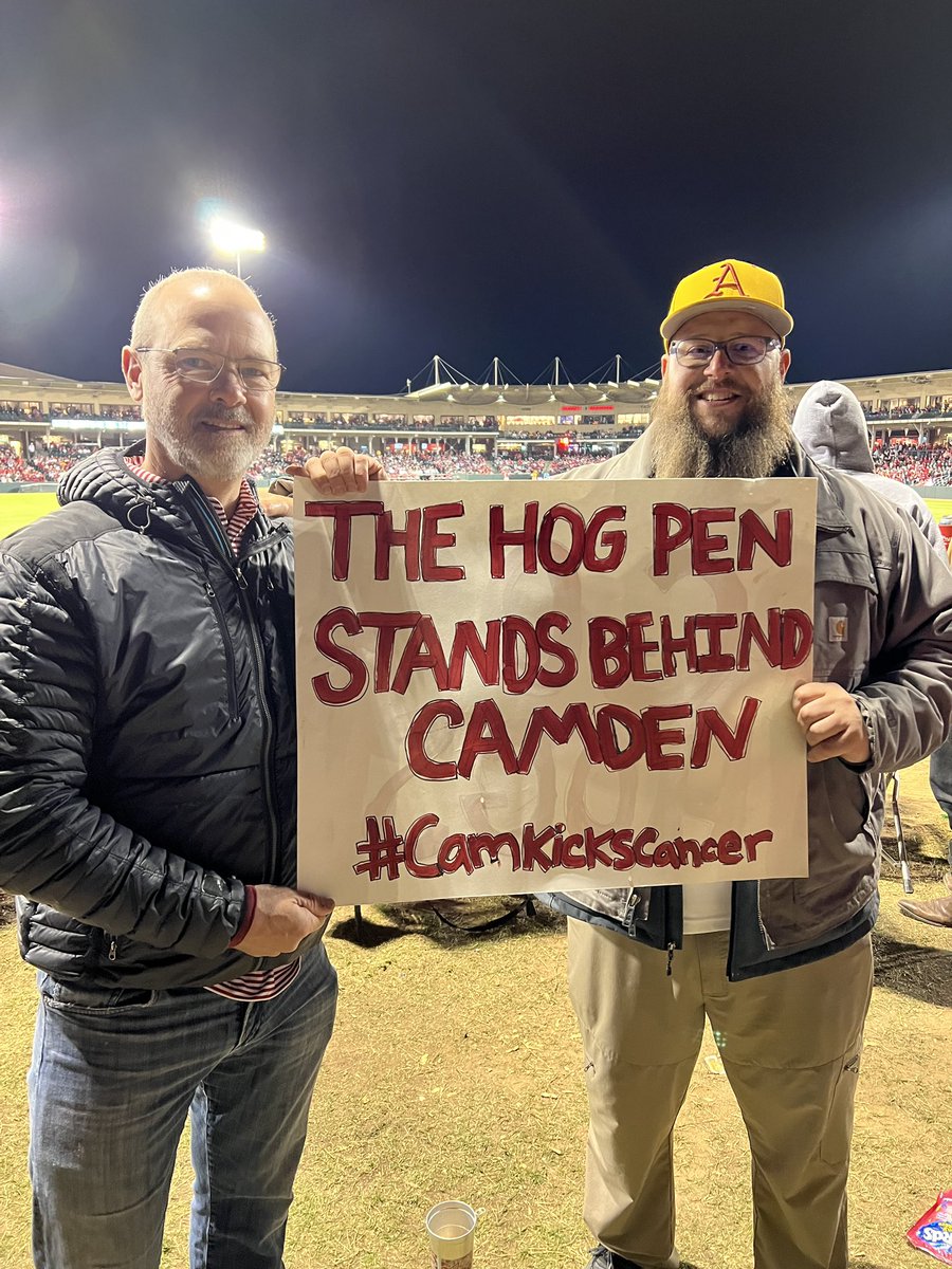 CamdenRiley's tweet photo. Thankful for the love and support from my cousin @dweindorf and @IAmTheOldGreg at the @RazorbackBSB game tonight! You all are the best! 🙌🏻❤️ #wps #omahogs #thisisbaseball #camkickscancer https://t.co/ChA4OJ847F