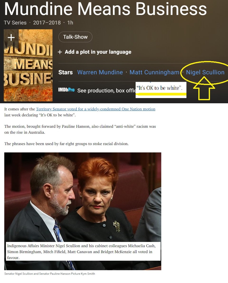 anonymous_julie's tweet photo. @Jaihawkins Oh he's front & centre for Mundine's talk/love fest TV show where only sycophants would be invited as guests.
Pal of #Poorlene too.
Along with #MichaeliaCash, #Birmingham, #MichFifield #MattCanavan & #BridgetMcKenzie who claimed 'Its' OK to be white'.
But also racist. https://t.co/UzsoR1Ew1D