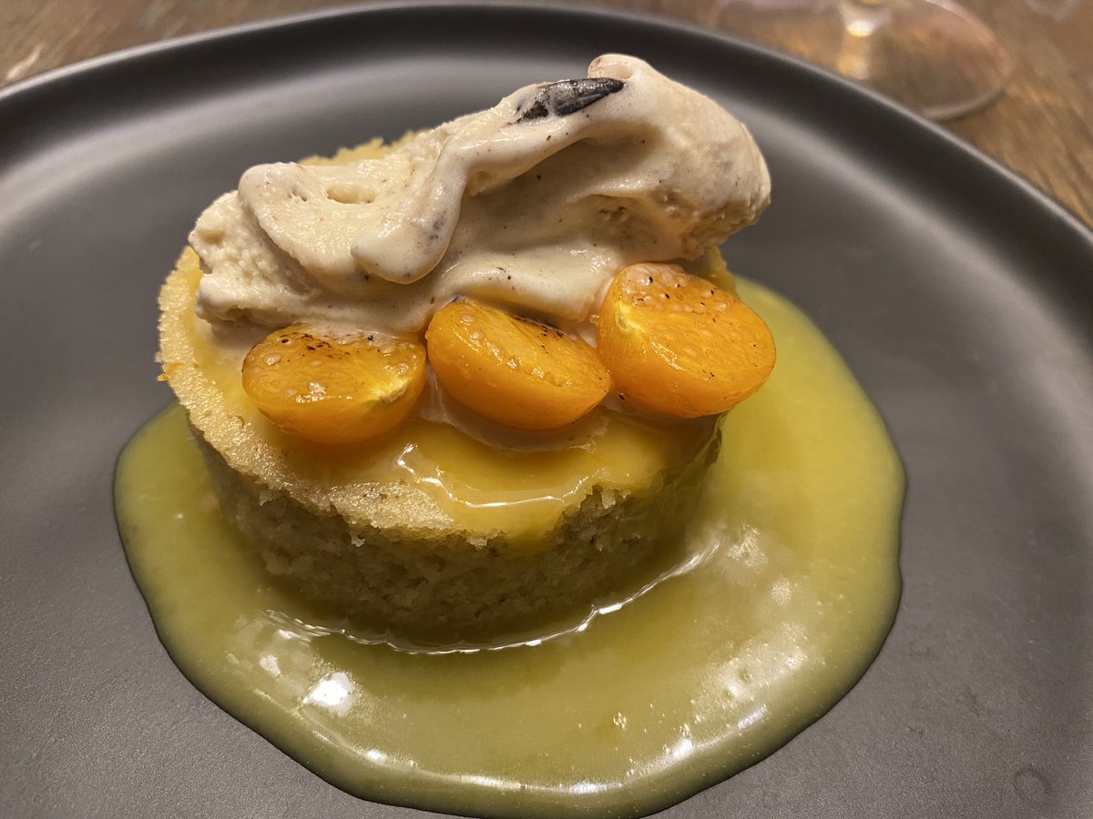 AFreedman39's tweet photo. Dessert course. Garlic ice cream and olive oil cake.  Sexy as h*ll #fournierdinnerparty https://t.co/RtTsg4Z9Nf