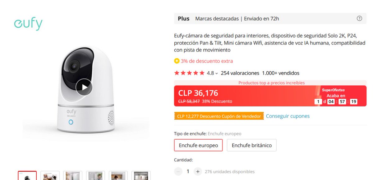 DescuentosRata's tweet photo. 🎦 Cámara de seguridad Interior Eufy 2K Pan &amp; Tilt bajó a $36.176 en AliExpress.

Funciona con Google Home, Amazon Alexa y Apple HomeKit. Hay que elegir Enchufe EU para que llegue el conector correcto
➡ https://t.co/6rG8wyOG6F https://t.co/9IsKTeBv7y