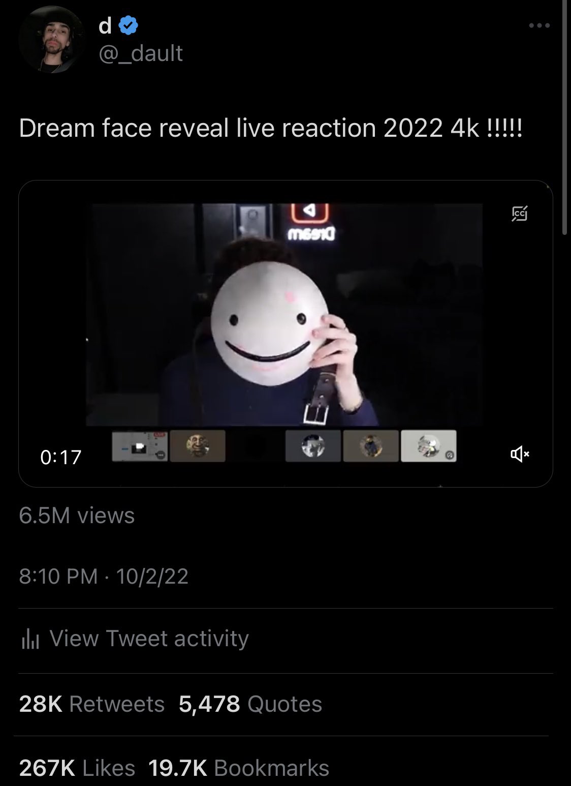 dault on X: Dream face reveal live reaction 2022 4k !!!!! https