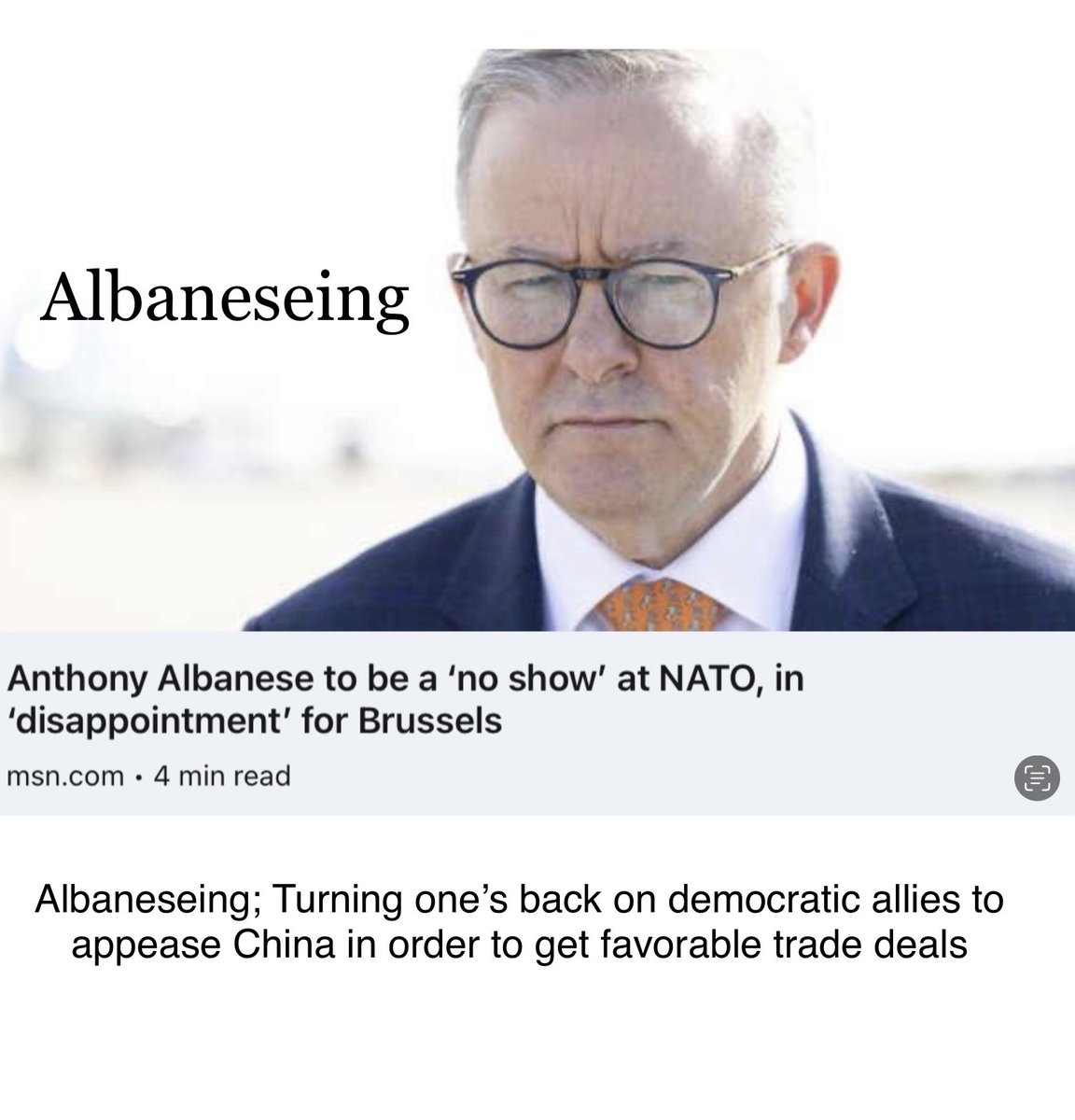 AEHRC's tweet photo. “Albaneseing” should join #Macroning as a term for putting money ahead of principles. He’s skipping this year’s #NATO summit cuz #China might buy #Australia barley &amp; he doesn’t want to offend them.  He’s chosen to placate the Butchers of Beijing vs strengthen Australia’s security https://t.co/B5OS0VHKk5