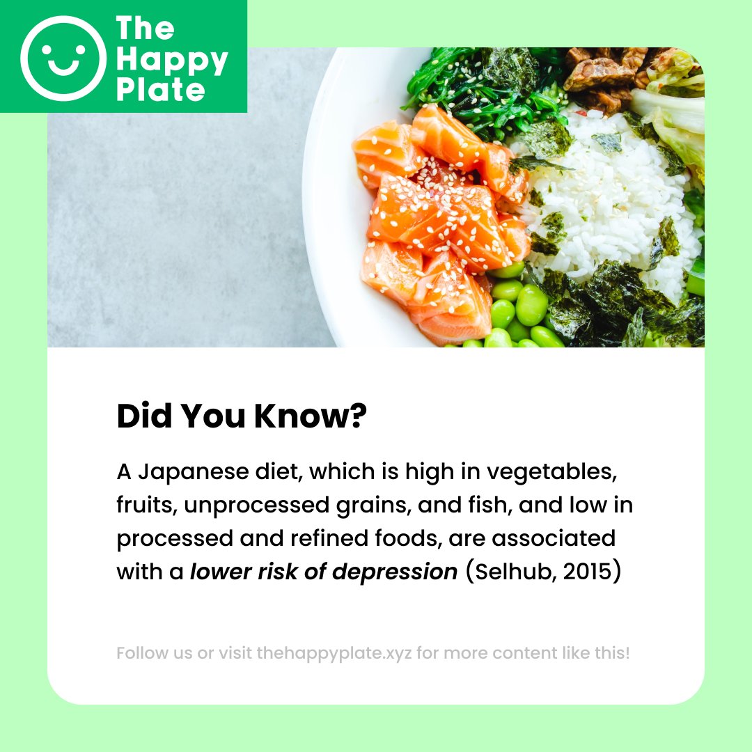 A  diet rich in vegetables, fruits, unprocessed grains, and fish and low in processed and refined foods can benefit our mental health. 🍱🍣 Let's take inspiration from Japanese cuisine and make healthy food choices! #TheHappyPlate #HealthyEating #NourishYourMind #MentalHealth