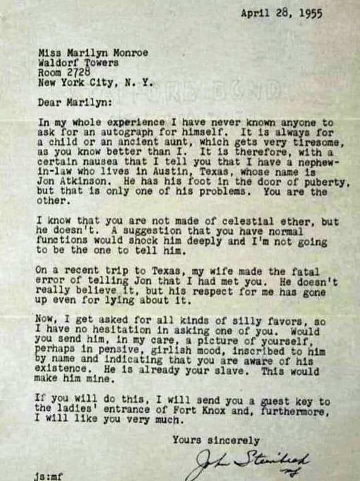 Letter from John Steinbeck to Marilyn Monroe in 1955.