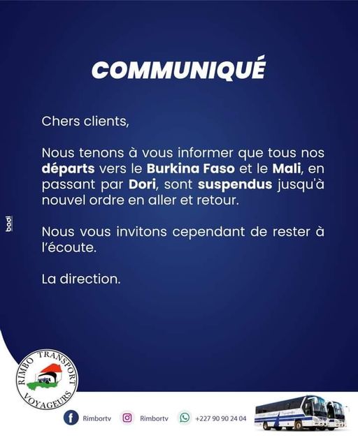 aboubacarybarma's tweet photo. #Niger #Burkina #Transport
La compagnie #Rimbo Transport Voyageurs (#RTV) suspendre la desserte des axes à destination du #Burkina et #Mali passant par #Dori suite à l'attaque armée ce samedi sur 2 de ses bus (incendiés) sur l'axe Ouaga-Dori, entre Tougouri et Taparko. https://t.co/xZ4bQ4mfWU