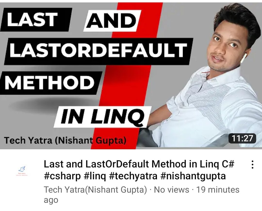 nishantmzn1996's tweet photo. New video uploaded 
Last and LastOrDefault Method in C# LinQ
Like share and subscribe
https://t.co/l37681kmX5

#csharp #linq #dotnet #techyatra #nishantgupta #programming #coding #ProgrammingTips #codinglife https://t.co/U4NwLcCPvS