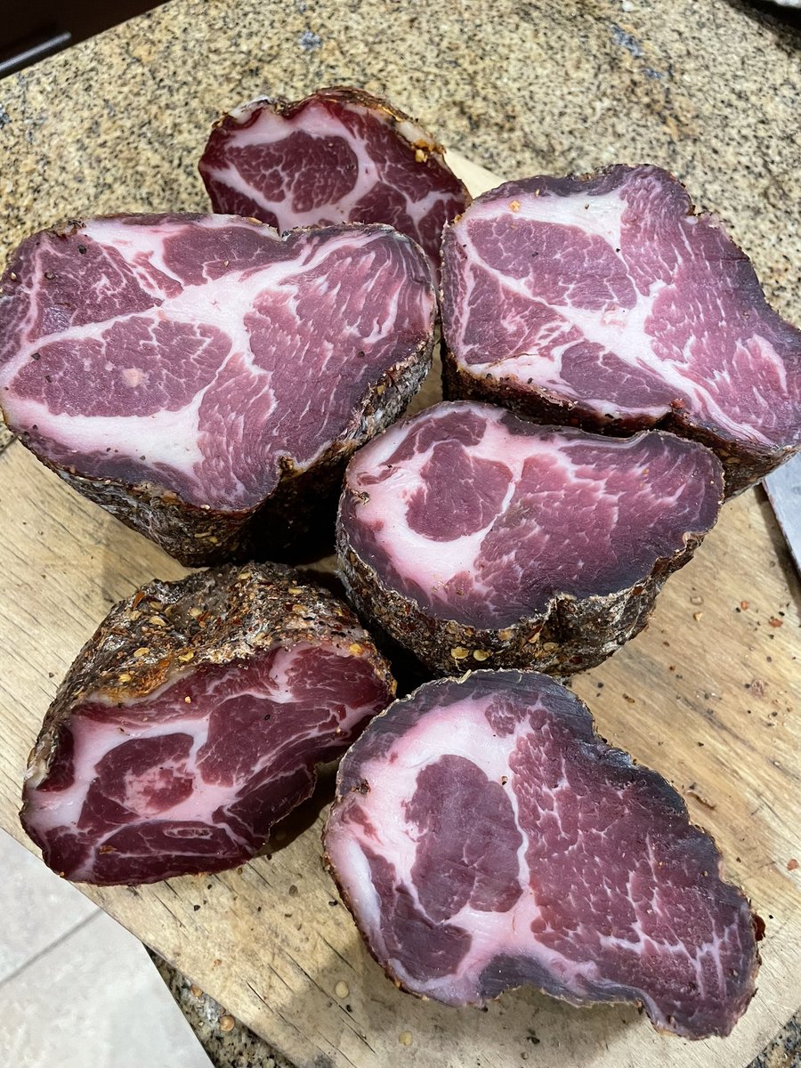 silvano10's tweet photo. Cracked open this years home made Capocollo or “gabagool” depending on what part of world you’re watching The sopranos from 🤣 how beautiful are these!!!???! #italianfood @TheSopranosClub https://t.co/QHBGidZA5H