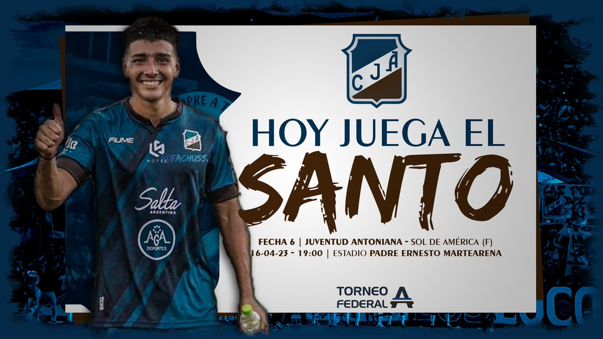 FachuSSJ's tweet photo. 💙🤍🤎 | HOY JUEGA EL SANTO
🏆 | Federal A 2023 - Zona D.

🆚 | Sol de América.
⏰ | 19:00hs.
🏟️ | Padre Martearena

#VamosAntoniano
#JuventudAntoniana https://t.co/UJ6DI2zyc0