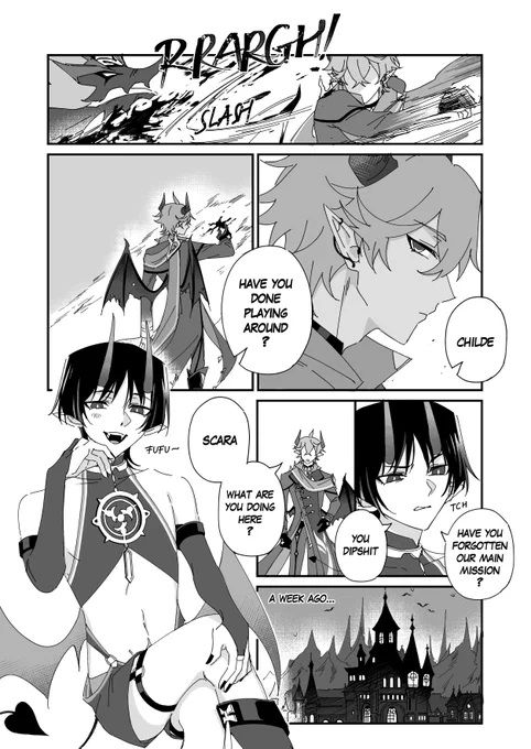 my preview of demon au #chiscara for 611 gachapon anthology project
childe, a newly high ranking demon was assigned to a big mission
but his senior with arrogant personality also appointed to assist him...
(1/2) 