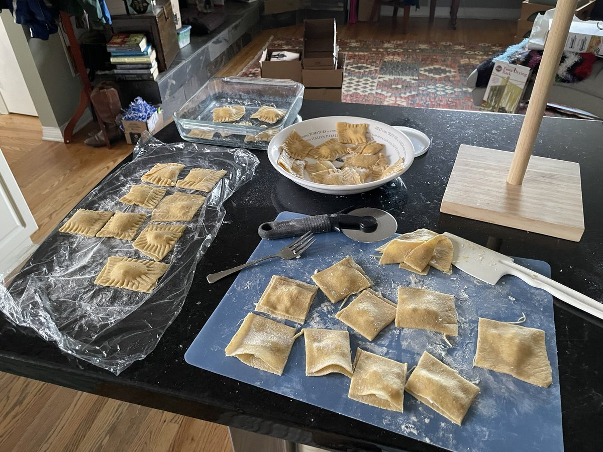 Two parts to today’s #FieldSelfCareStreak: 1) putting up a Slinky as a squirrel baffle in the backyard. Online fancy “squirrel war” version = $30, simple basic Slinky = $5. Now we wait. Hoping the sparrows accept it. Part 2) making homemade ravioli with my best other. Priceless.