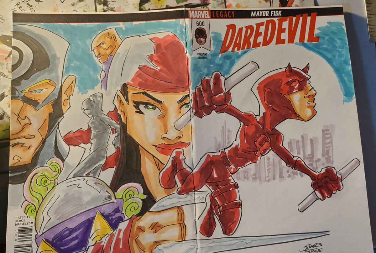 JamesLeeStone's tweet photo. A @Daredevil #SketchCover #CommissionStyle #Daredevil #characature #PenSketch #MarkerSketch #OriginalArt #ForSale #Elektra #ElektraNatchios #WilsonFisk #kingpin #BullsEye #StiltMan #MattMurdock #Mysterio #MakingArt #FanArt @Marvel @Disney https://t.co/Mvxry893vn