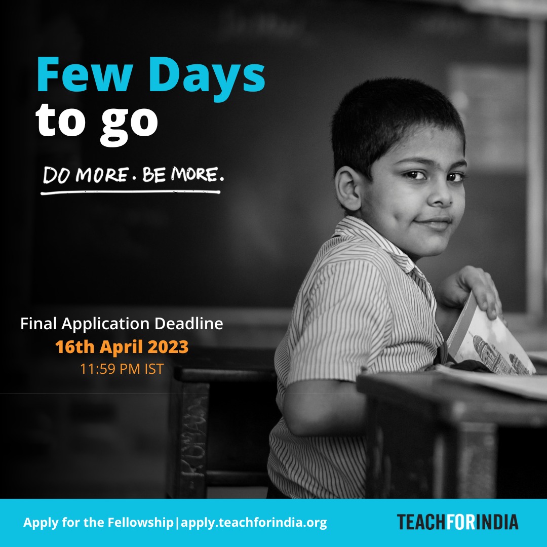 Last day to APPLY for @TeachForIndia Fellowship
Please #RT

An incredible opportunity to deliver quality education in under-resourced schools, and drive change in our country

Deadline: Sunday, April 16, 2023 at 11:59pm IST. 
 #domorebemore