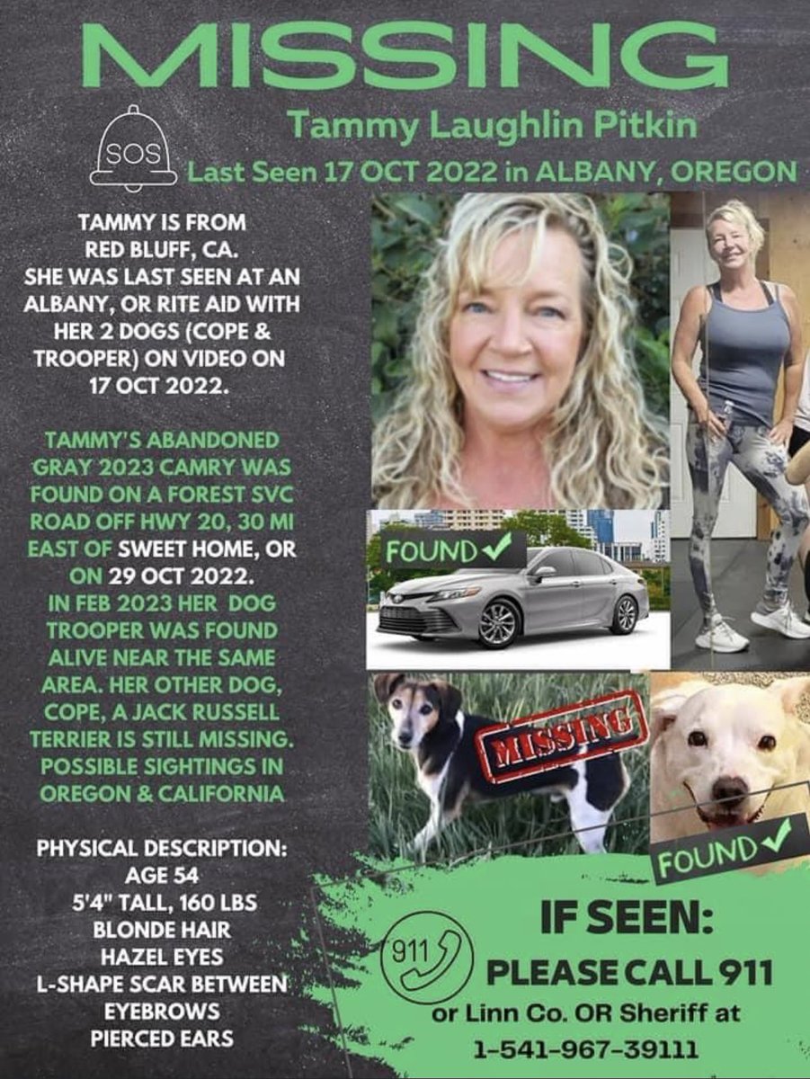 Lauraonthecase's tweet image. #MissingPerson : Tammy Laughlin Pitkin from #RedBluff #California - She was last seen on video w/her dogs on 10-17-22. Tammy’s Camry was found abandoned &amp;amp; one of her dogs, Trooper, was found alive in the same area….but, Tammy and her other dog, Cope, are still #Missing - More