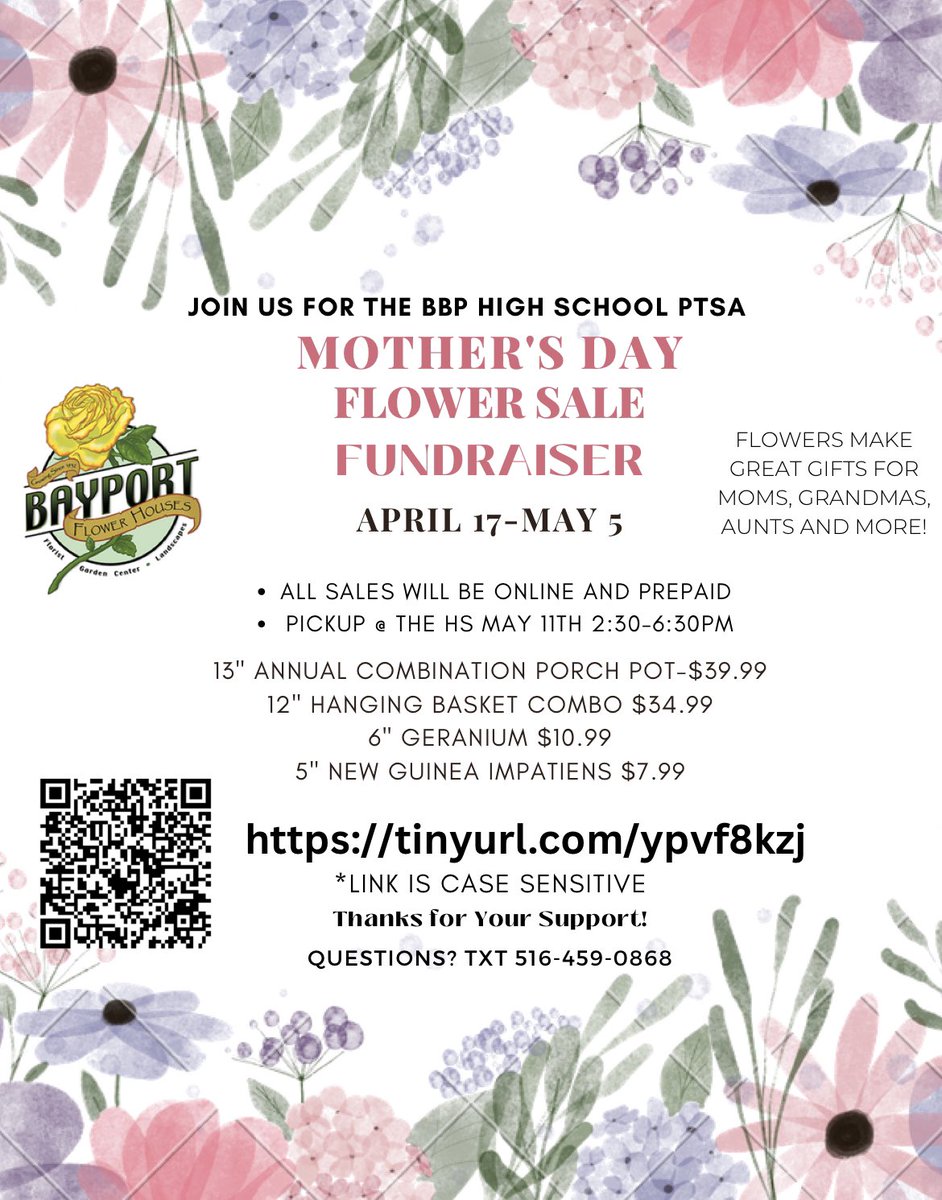 BBPHSPTSA's tweet photo. BBP HS PTSA Mother’s Day Flower Sale Fundraiser! 
-Online sales only through May 5th
-Pick up will be @ the high school on     
May 11th, 2:30-6:30 pm 
**Order here: 
https://t.co/yfD2ZWNWg2 https://t.co/AHmN0IFktD
