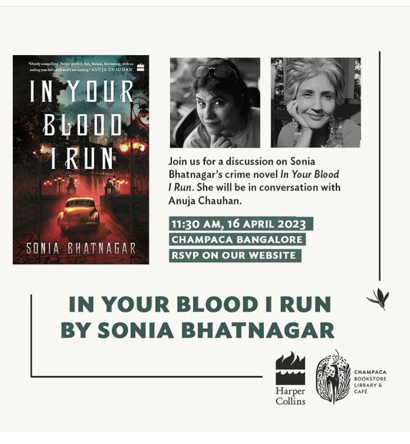 Going to do this today. Talk to @anujachauhan about all things #inyourbloodirun @ChampacaBooks Bangalore. Please come! #harpercollinsin #debutfiction #crime