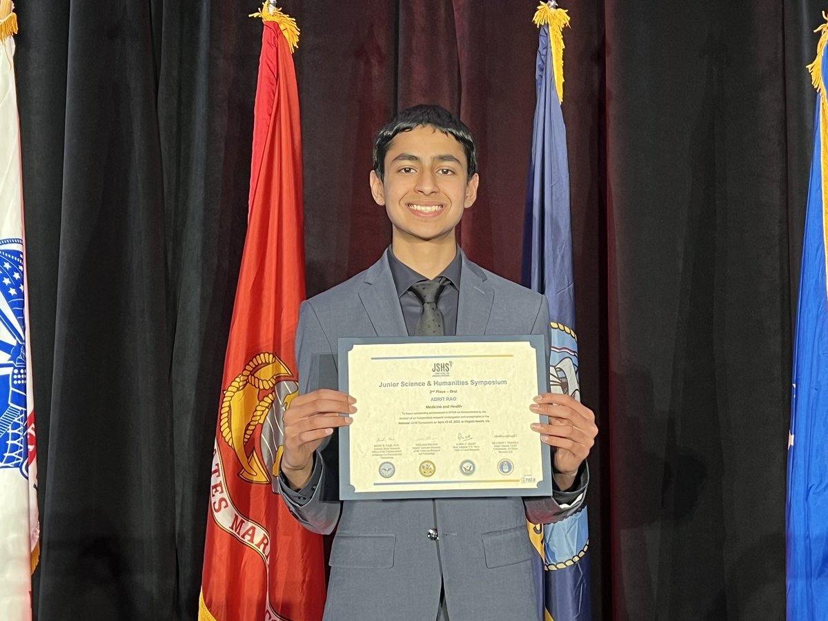 AdritRao's tweet photo. I had an amazing time at the @Go_JSHS #NJSHS23 in Virginia. Honored to be awarded 2nd place! Thank you to the @DeptofDefense and all of the organizers as well as my mentor @DrAalami. It was such a memorable experience! Congrats to all of the other awardees! https://t.co/cImb8hNp1X