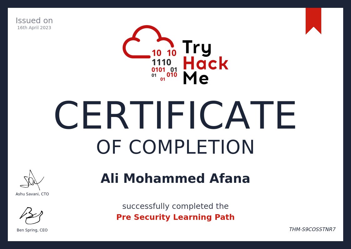 AliMAfana's tweet image. Just completed the Pre Security course on @RealTryHackMe and I&apos;m feeling like a cyber ninja 🥷🔥. Learned a ton about hacking techniques, network security, and more. Highly recommend this course to anyone interested in #cybersecurity! #TryHackMe #PreSecurity #CyberNinja
