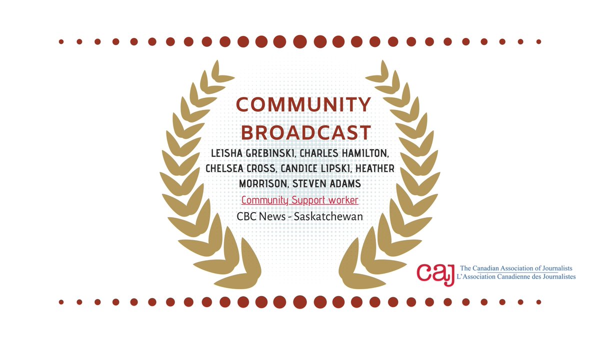Our winner for Community Broadcast:

Congratulations to @leishaCBC <a href="/_chamilton/">Charles Hamilton</a> <a href="/ChelseaPCross/">Chelsea Cross</a> @Candice_Lipski @Heather_mo Steven Adams of CBC Saskatchewan!