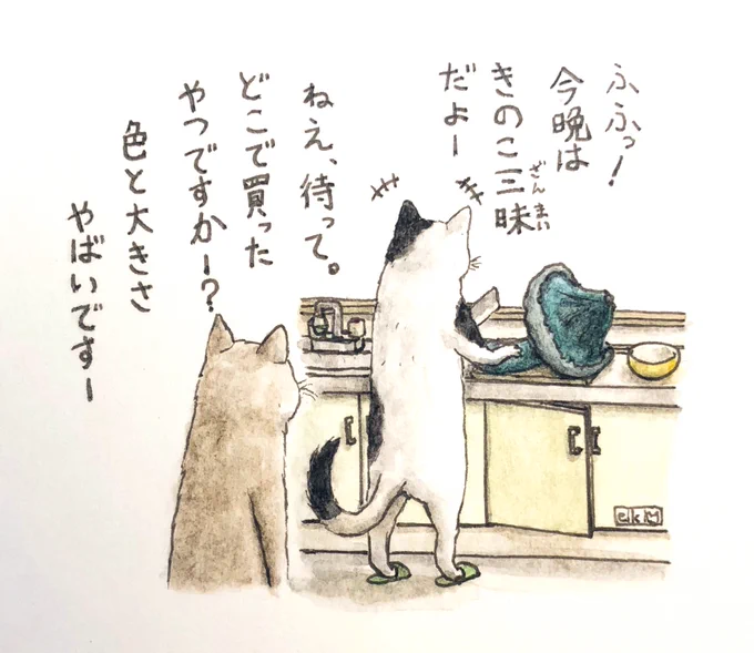 『おいしい夕ご飯』
キノコの美味しい季節だもんね🍄

 #キミとダスキス  #過去絵 