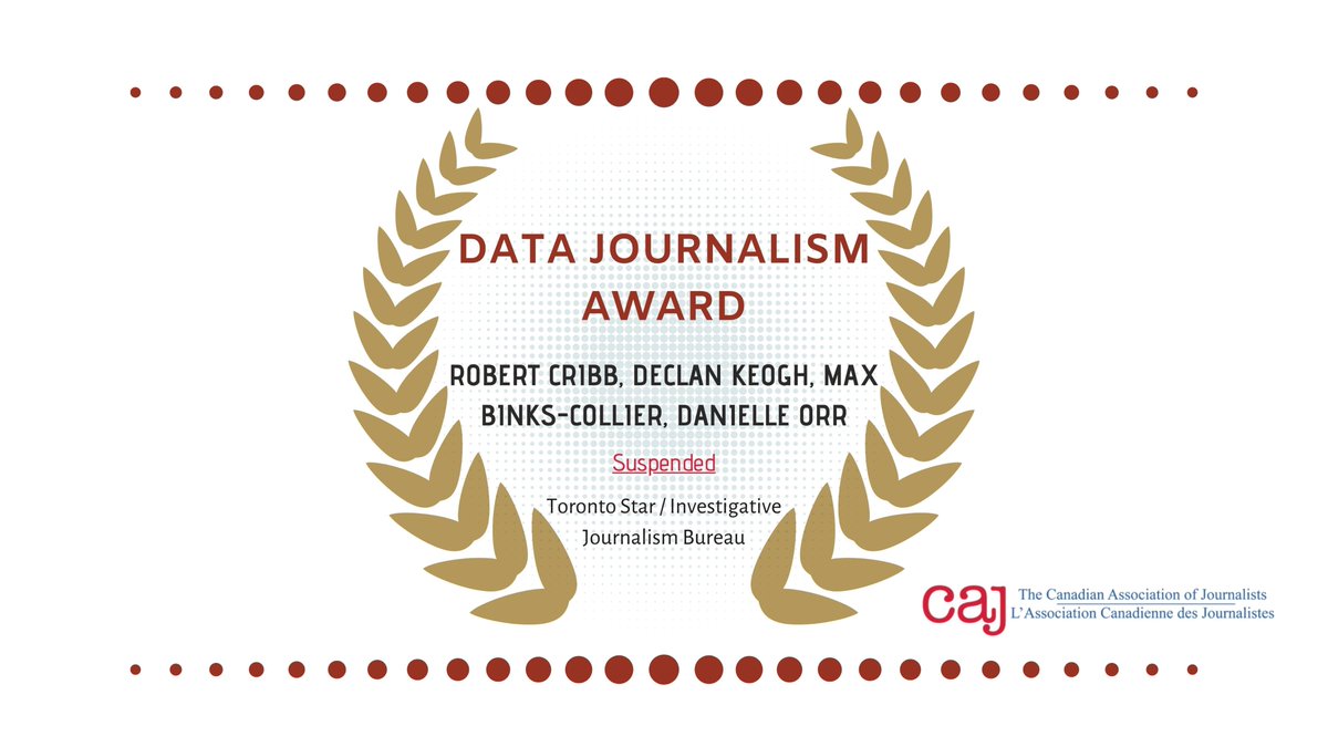 In Data Journalism, the winner is
<a href="/thecribby/">Robert Cribb</a> @_declankeogh Max Binks-Collier and <a href="/orrdanie/">Danielle Orr</a> with Toronto Star and <a href="/UofT_ijb/">Investigative Journalism Bureau</a> Congratulations!