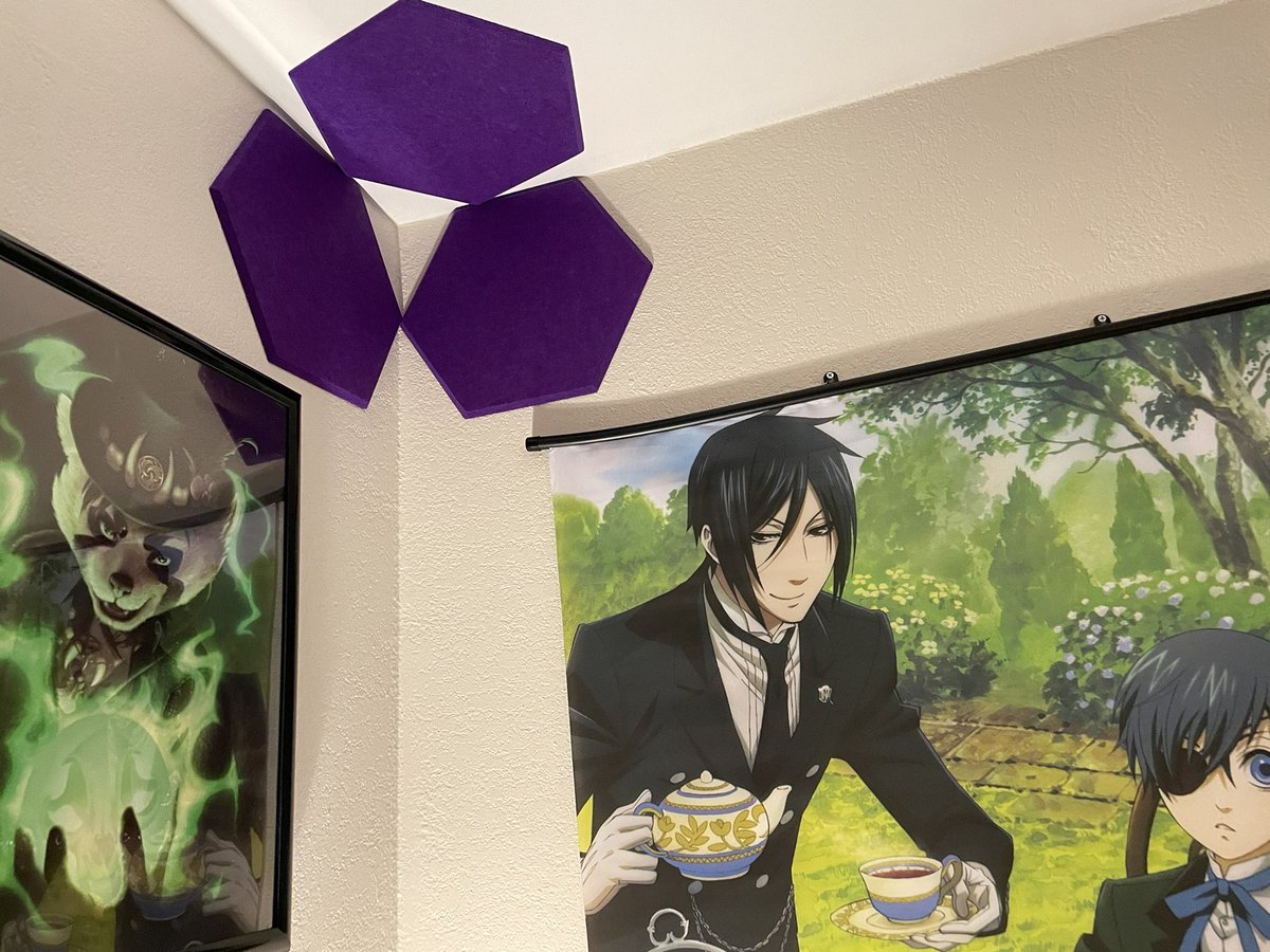 Well, here’s hoping my new audio dampening purple hexagons help. This room echo is not making me a happy foxxo.
