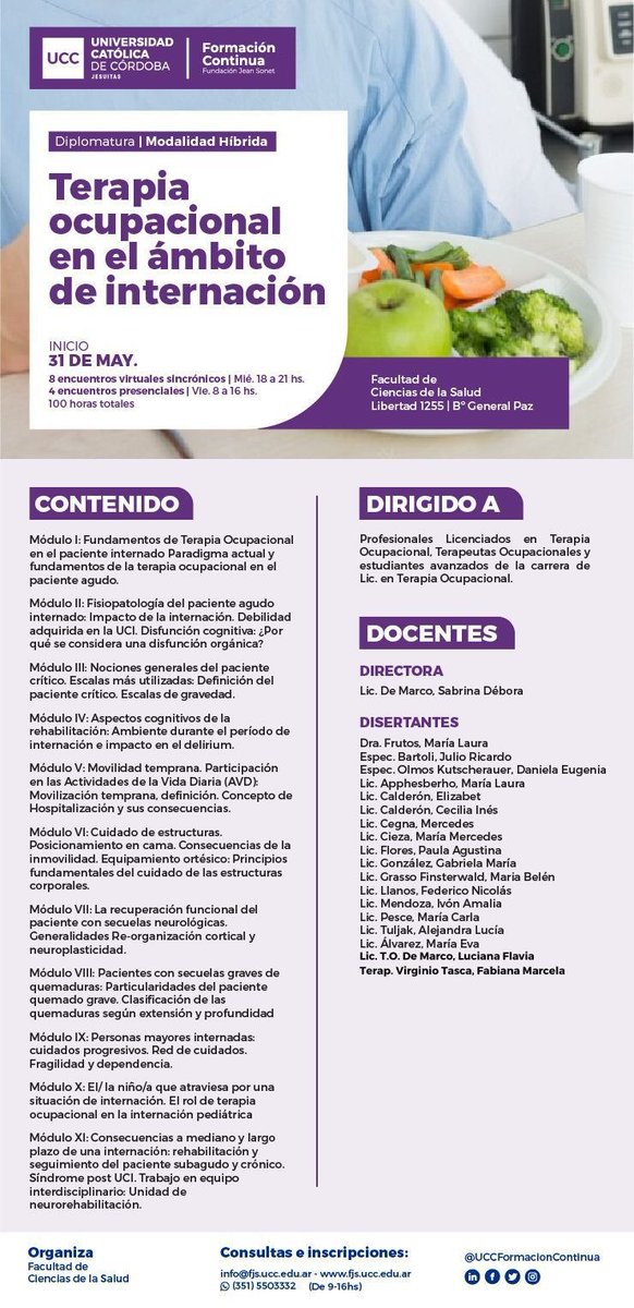 Invitamos a esta propuesta de formación que se dicta en la UCC. Los encuentros presenciales cuentan con observaciones en la UCI, confección de ortésis y clases en la Clínica Rita Bianchi.
Contamos con un equipo docente de amplia experiencia en el área.
#TO #ICURehab #OT