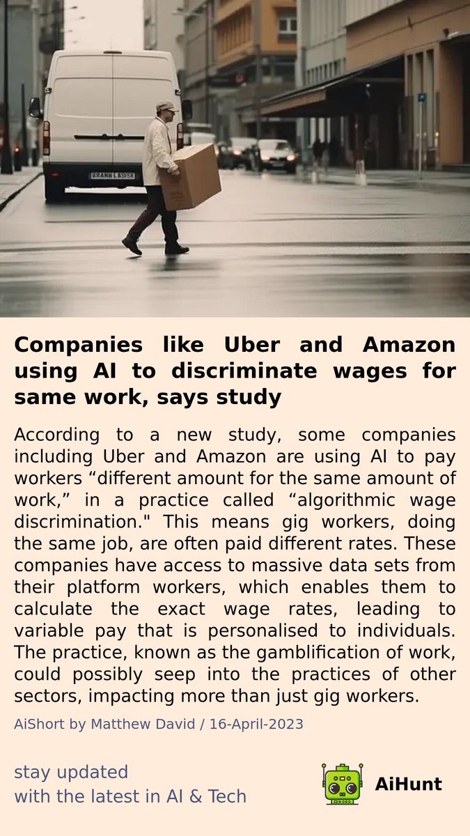 aihuntapp's tweet photo. 🚨NEW STUDY ALERT🚨 It seems that some big companies, including Uber and Amazon, may be guilty of "algorithmic wage discrimination" using AI to personalise wages and paying different rates for the same work! Find out more on our website. #AI #WageDiscrimination #GigWorkers 💰 https://t.co/2b1x2JMHdb