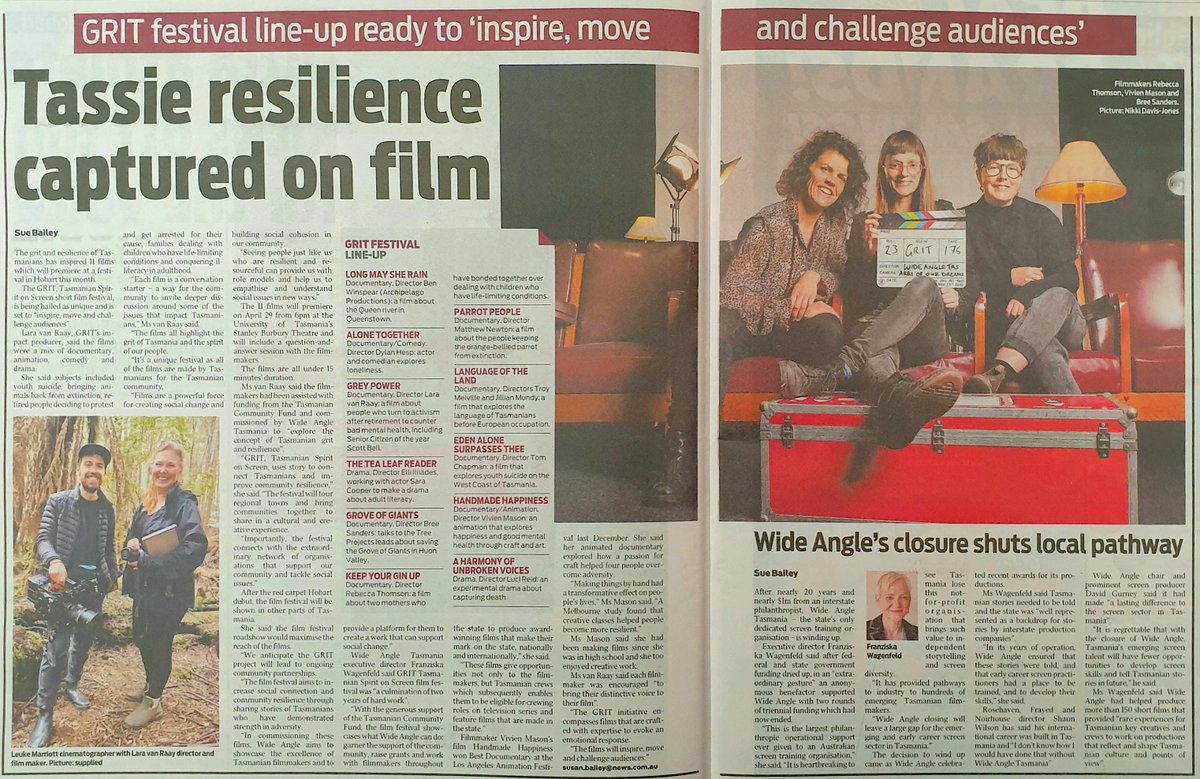Great article in the #sundaytasmanian today, highlighting both our amazing #GRIT films and our sad closure. Make sure you come along to what will be our last screenings of Tasmanian films and stories. Tickets to Hobart screening here: eventbrite.com.au/e/604150519467  Regional tour soon!
