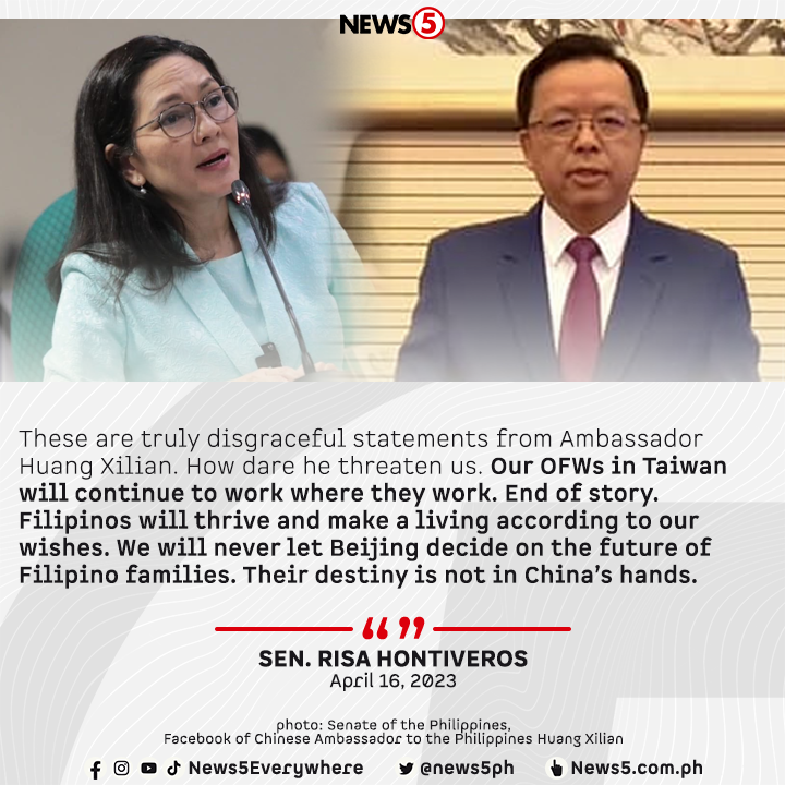 News5PH's tweet photo. Tahasang sinabi ni Sen. Risa Hontiveros na kahiya-hiya ang naging pahayag ni Chinese Ambassador Huang Xilian ukol sa posibleng pagkakadamay ng mga kababayan nating OFWs sa Taiwan kung patuloy na papayagan ng Pilipinas ang Amerika sa pagtatayo ng karagdagang EDCA sites. #News5 https://t.co/zJlrUnd4Gn