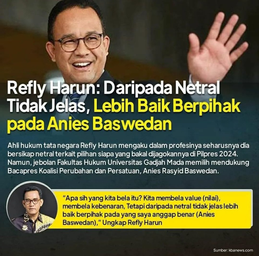 Refly Harun: Daripada Netral Tidak Jelas, Lebih Baik Berpihak pada Anies Baswedan 

Up!👍😊
kbanews.com/hot-news/refly…