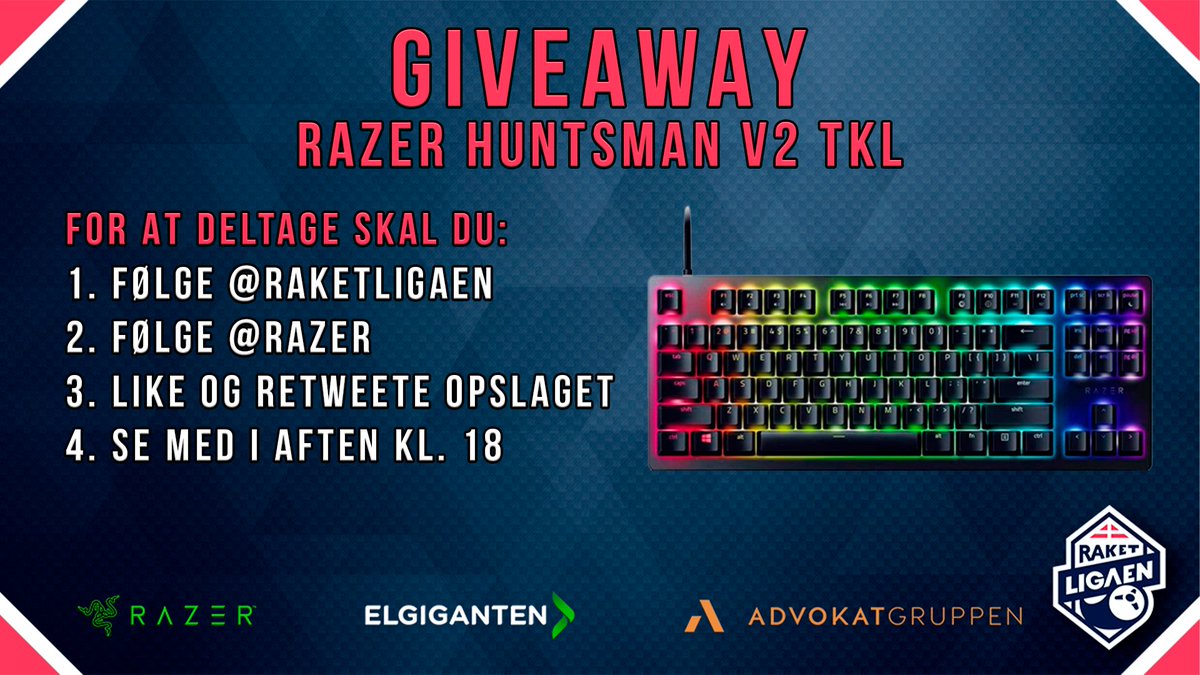 📢GIVEAWAY
Når den sidste kamp i Promotion/Relegation er blevet spillet i aften, trækker vi lod om et lækkert <a href="/Razer/">R Λ Z Ξ R</a> Huntsman V2 TKL Keyboard! 🤩

Du deltager ved at følge de fire punkter på billedet👇
Vi er LIVE med første kamp fra kl. 18:00 lige her: twitch.tv/raketligaen