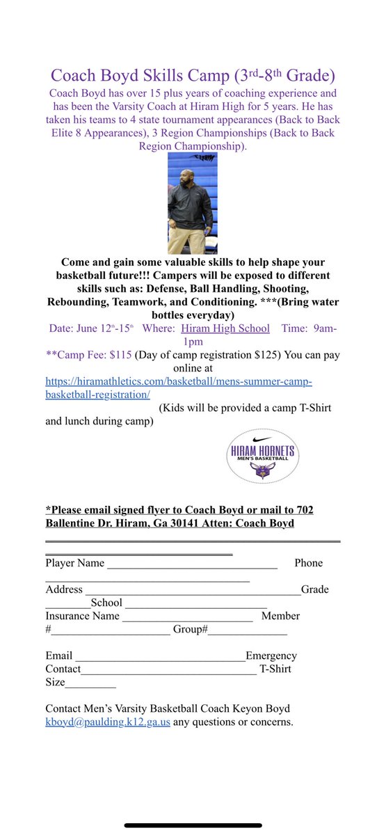 Come out to Coach Boyd’s first annual basketball kids camp and gain some valuable skills. Here is the link to register hiramathletics.com/basketball/men… kids will have a blast. <a href="/kb1424/">K. Boyd</a> <a href="/AP_CoachHodge/">Darius Hodge</a> <a href="/pauldingboe/">Paulding County School District</a>